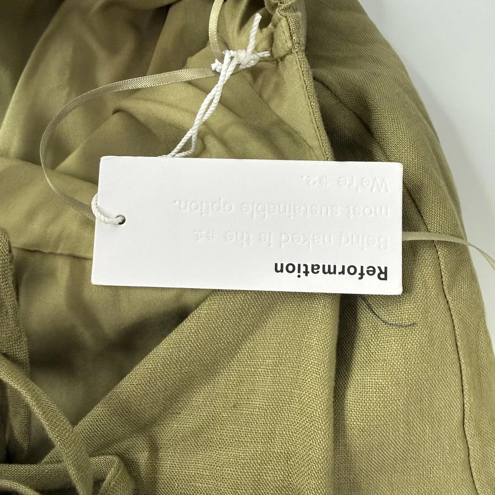 Reformation Dress Womens 6 Green Mini Sundress Halter Linen Lined Open Back‎ Tie